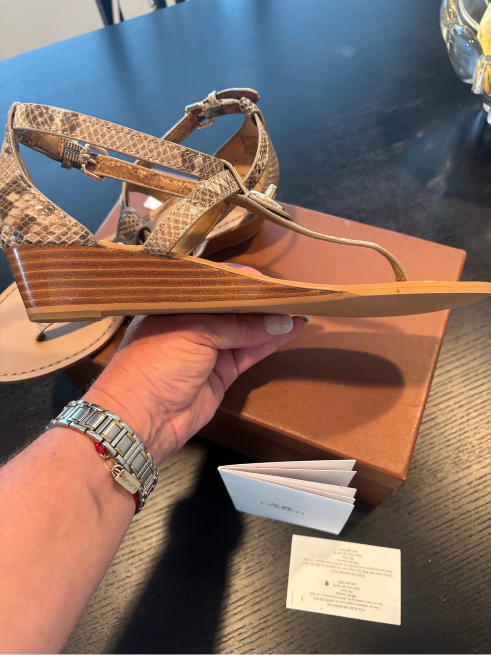 Coach Ingrid Tan Snakeskin-Print Thong Wedge Sandals with Gold Turnlock - Picture 7 of 9